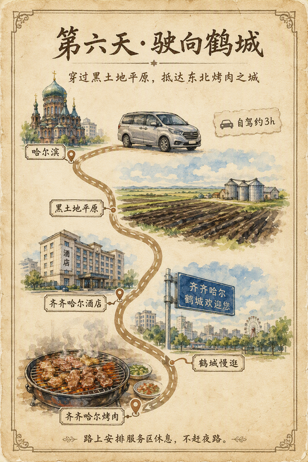 第六天哈尔滨自驾前往齐齐哈尔的手绘水彩行程地图